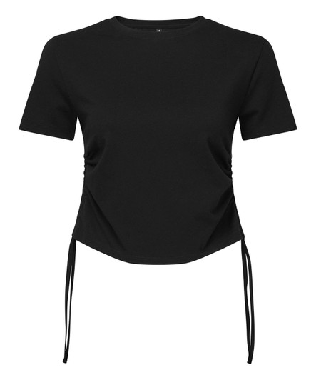 A black ruched crop top featuring short sleeves and ties at the sides. It has a simple design and a branded label.