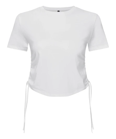 A white ruched crop top with short sleeves and adjustable side ties. It features a logo on the label.