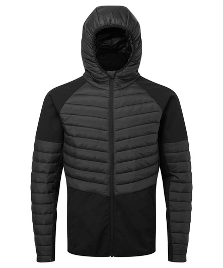 A black and dark grey insulated hybrid jacket with a hood, featuring a mix of padded and smooth fabric.