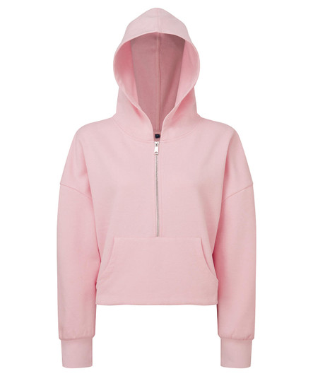 A pink 1/2 zip hoodie featuring a hood and a front pocket, with a small logo on the hem.