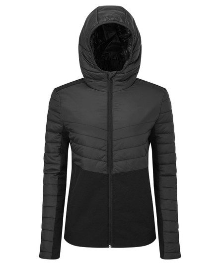 An insulated hybrid jacket featuring a black colour scheme with a hood and quilted design. It includes a branding logo.