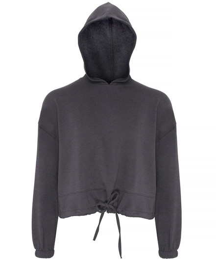 A cropped oversize hoodie in dark grey with a hood and drawstring detail at the hem. Features a logo.