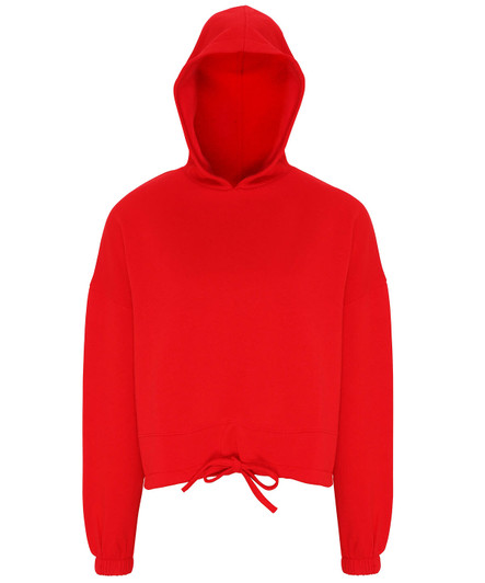 A red cropped oversize hoodie with a hood and drawstring at the hem. It features long sleeves and has a logo.