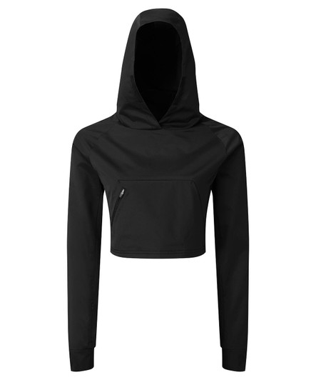 A cropped black jacket with a hood and a front zippered pocket, featuring a logo on the fabric.