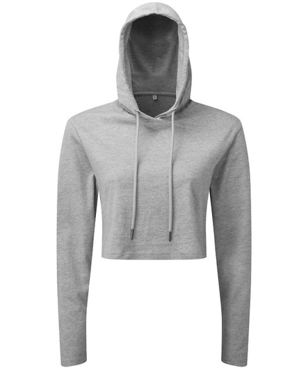 A cropped grey hooded long sleeve t-shirt with drawstrings and a logo on the front.