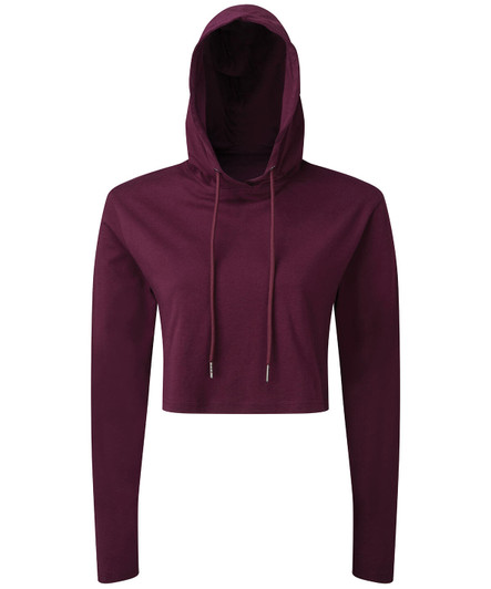 A cropped long sleeve hooded t-shirt in a rich burgundy colour, featuring a drawstring hood and fitted sleeves.