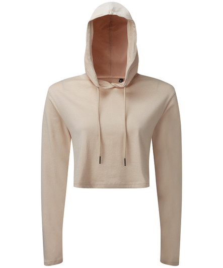 A cropped hooded long sleeve T-shirt in a light beige colour, featuring a hood and drawstring. It has a logo.