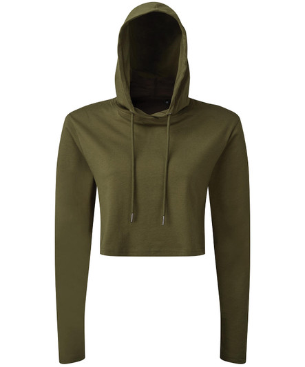 A cropped hooded long sleeve t-shirt in olive green, featuring a drawstring hood and long sleeves.