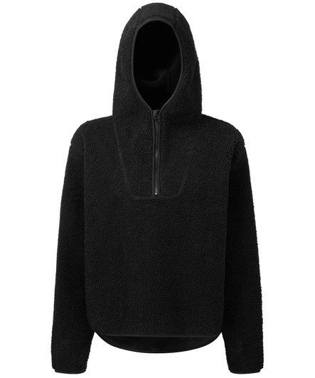 A black Sherpa 1/4-zip hoodie with a hood and long sleeves. It features a front zipper and a relaxed fit.