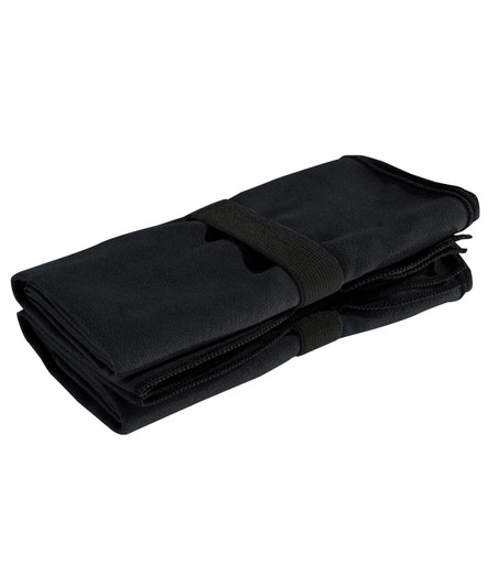 A black microfibre quick-dry fitness towel, neatly folded and secured with a strap, featuring a logo.
