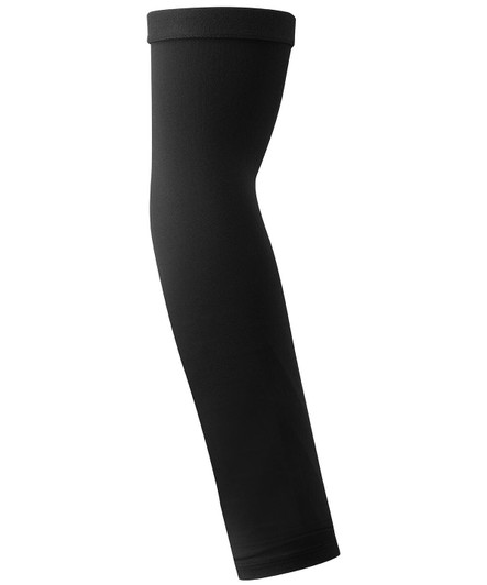 A pair of black compression arm sleeves displayed vertically, featuring a smooth, fitted design.