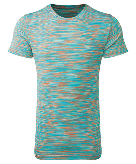 A space dye performance t-shirt in shades of blue and coral with a subtle textured pattern and a logo.