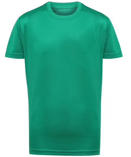 A green kids' performance T-shirt with a simple design and crew neck. The shirt has a logo on it.