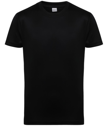 A black performance T-shirt for kids with a simple design and short sleeves. It features a small logo on the label.