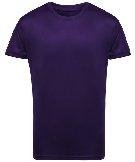 A purple kids performance T-shirt with a crew neck design. It features short sleeves and has a logo.
