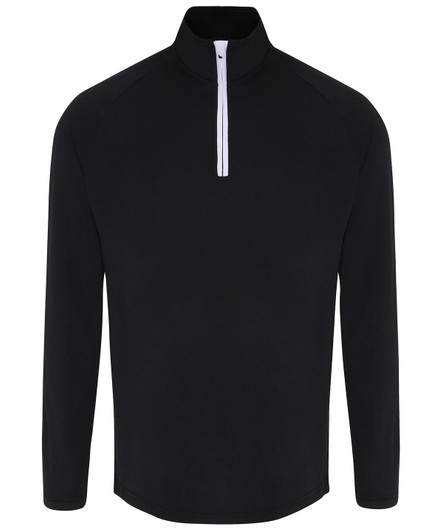 A black long sleeve performance 1/4 zip top with a white zipper and a brand logo on the front.