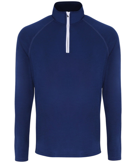A long sleeve performance 1/4 zip top in navy blue with a white zipper and a branding logo.