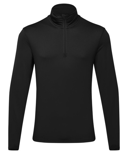 A black long sleeve top with a 1/4 zip collar and a fitted design. It features a logo on the chest area.