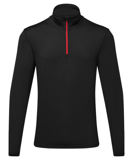 A black long sleeve top with a brushed back finish and a red zip at the collar, featuring a logo.