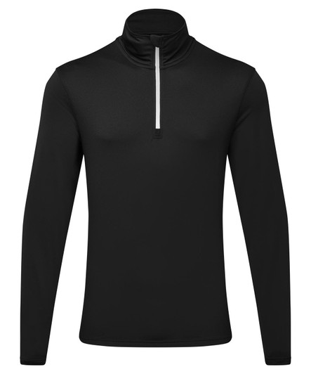 A black long sleeve brushed back 1/4 zip top featuring a reflective zip and a sleek design. It has a logo.