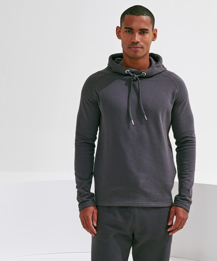 A dark grey hoodie with a drawstring hood, worn by a male model, features long sleeves and a fitted design.