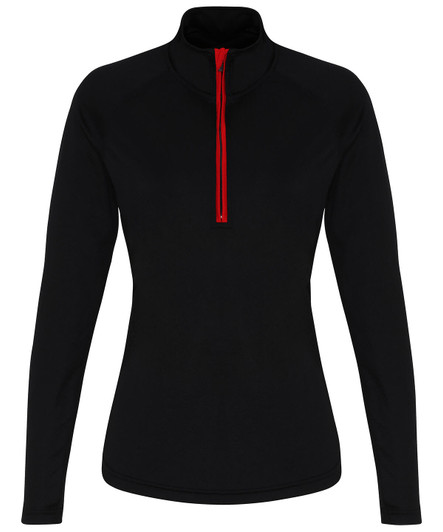 A long sleeve performance 1/4 zip top in black with a red zipper, featuring a brand logo.