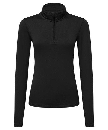 A black long sleeve brushed back 1/4 zip top with a structured collar and fitting design. It has a branding logo.