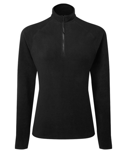 A black active-fitted fleece with a zippered collar and long sleeves. Features a logo on the garment.
