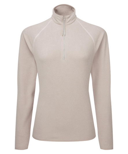A light beige active-fitted fleece with a zip neck and long sleeves. It features a logo on the front.
