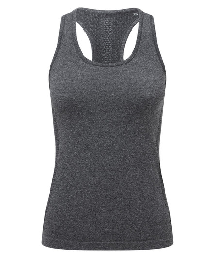 A grey seamless sport vest with a racerback design and textured back. Features a small logo on the side.