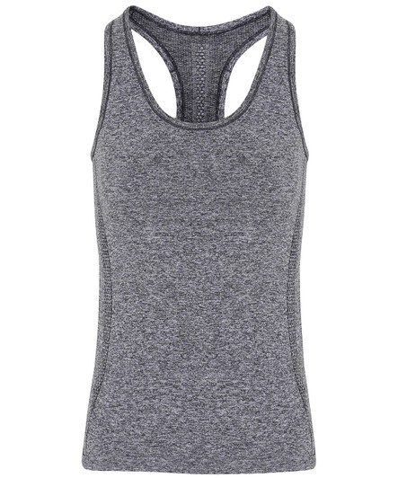 A seamless grey sport sculpt vest featuring a racerback design and a fitted silhouette. It has a logo on the fabric.