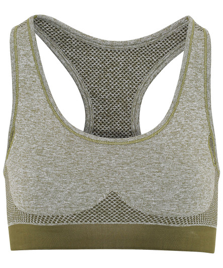 A seamless sport bra in grey and olive green, featuring a breathable mesh design and a branded logo.
