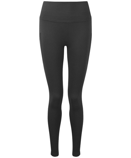 A pair of black ribbed seamless sport leggings with a high waistband and form-fitting design.