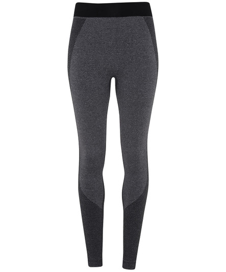 A pair of seamless, dark grey sport leggings with a black waistband, featuring a branded logo.