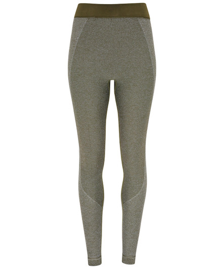 A pair of grey and olive green seamless leggings with a logo, designed for comfort and flexibility.