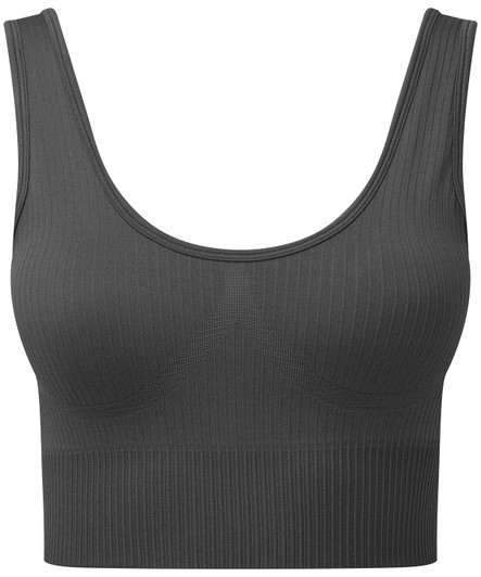 A ribbed seamless sport bra in dark grey featuring a scoop neckline and a fitted design. It includes a logo.