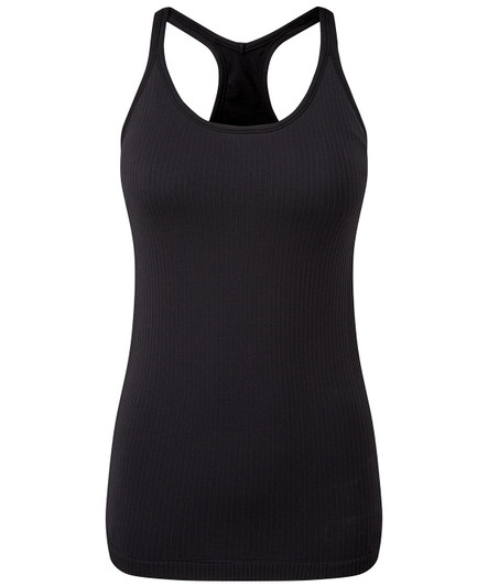 A black seamless ribbed sport vest with a racerback design and a fitted silhouette. Features a branding logo.