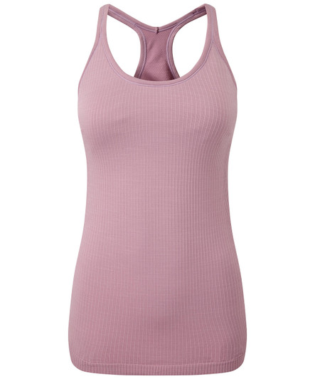A pink seamless sports vest with a ribbed texture and a racerback design, featuring a branding logo.