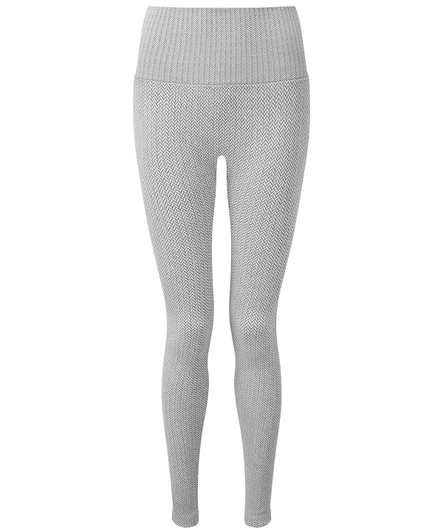 Knitted city leggings in light grey with a ribbed texture and high waist design. Features a logo on the waistband.