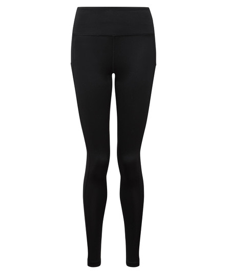 Black performance leggings featuring pockets and a fitted design. The product has a branding logo on the waistband.