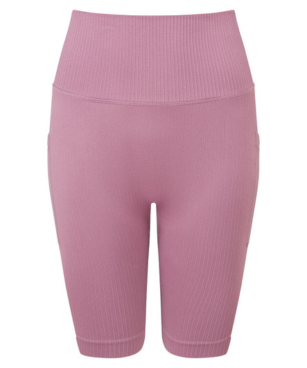 Ribbed seamless cycle shorts in a soft mauve colour, featuring a high waistband and a form-fitting design.