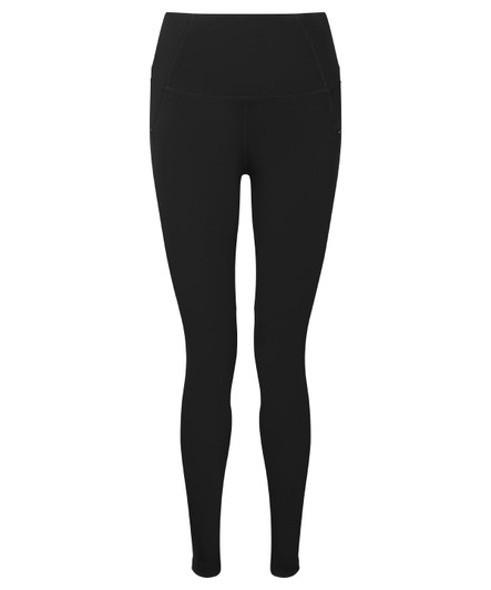 Black outdoor leggings made from recycled materials, featuring a high waist design and a logo.