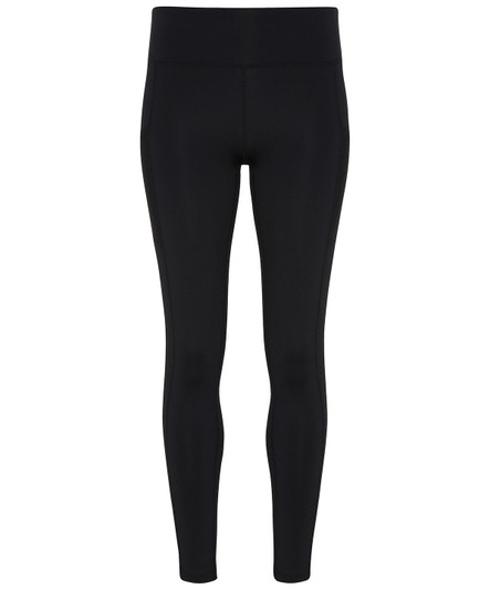 Black performance compression leggings with a high waistband and a sleek design. Features a logo.