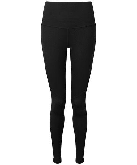 Black leggings with a high waistband, featuring a smooth finish and a logo on the waistband.