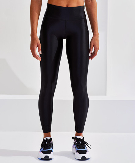 High-shine black leggings displayed on a model, showcasing a sleek and fitted design. The image includes a visible logo.
