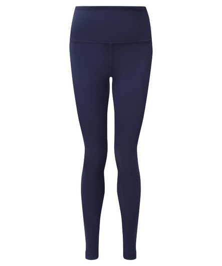 Navy blue performance leggings made from recycled materials, featuring a high waistband and a smooth finish.