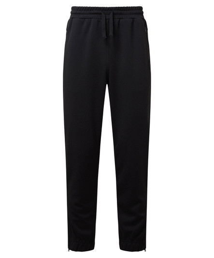 Black joggers with a drawstring waist and tapered legs, featuring pockets and a logo.