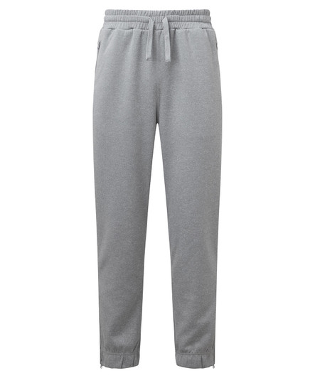 A pair of grey joggers featuring an elastic waistband and drawstring, styled for comfort. Logo present.