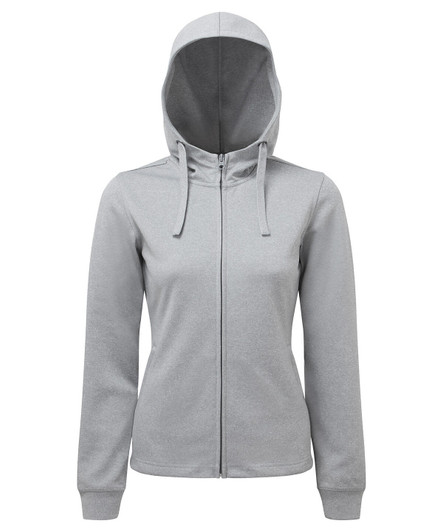 A grey full-zip hoodie with a hood and long sleeves. It features a logo on the front.