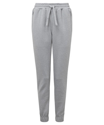 A pair of grey joggers with a drawstring waist and elastic cuffs, featuring side pockets and a logo.